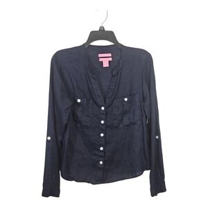 Isaac Mizrahi Women’s Linen Shirt Navy Blue Sz Small Button Long Sleeve Blouse